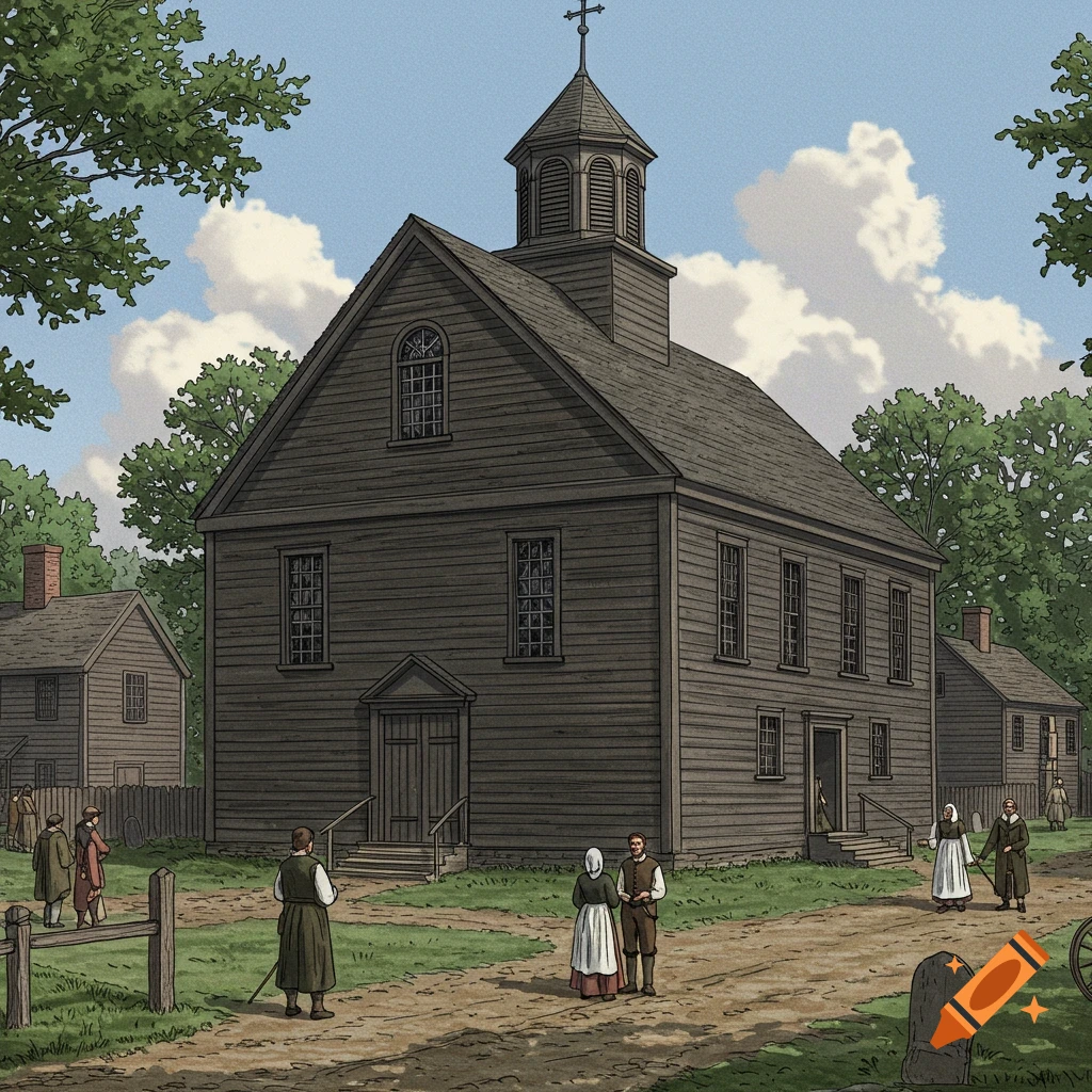 Historical illustration of a meetinghouse in a 17th-century village with people