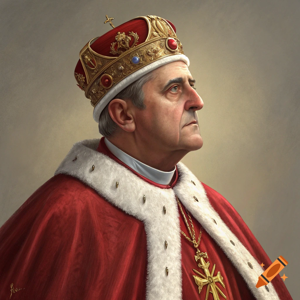 Portrait of a man wearing red papal robes and tiara