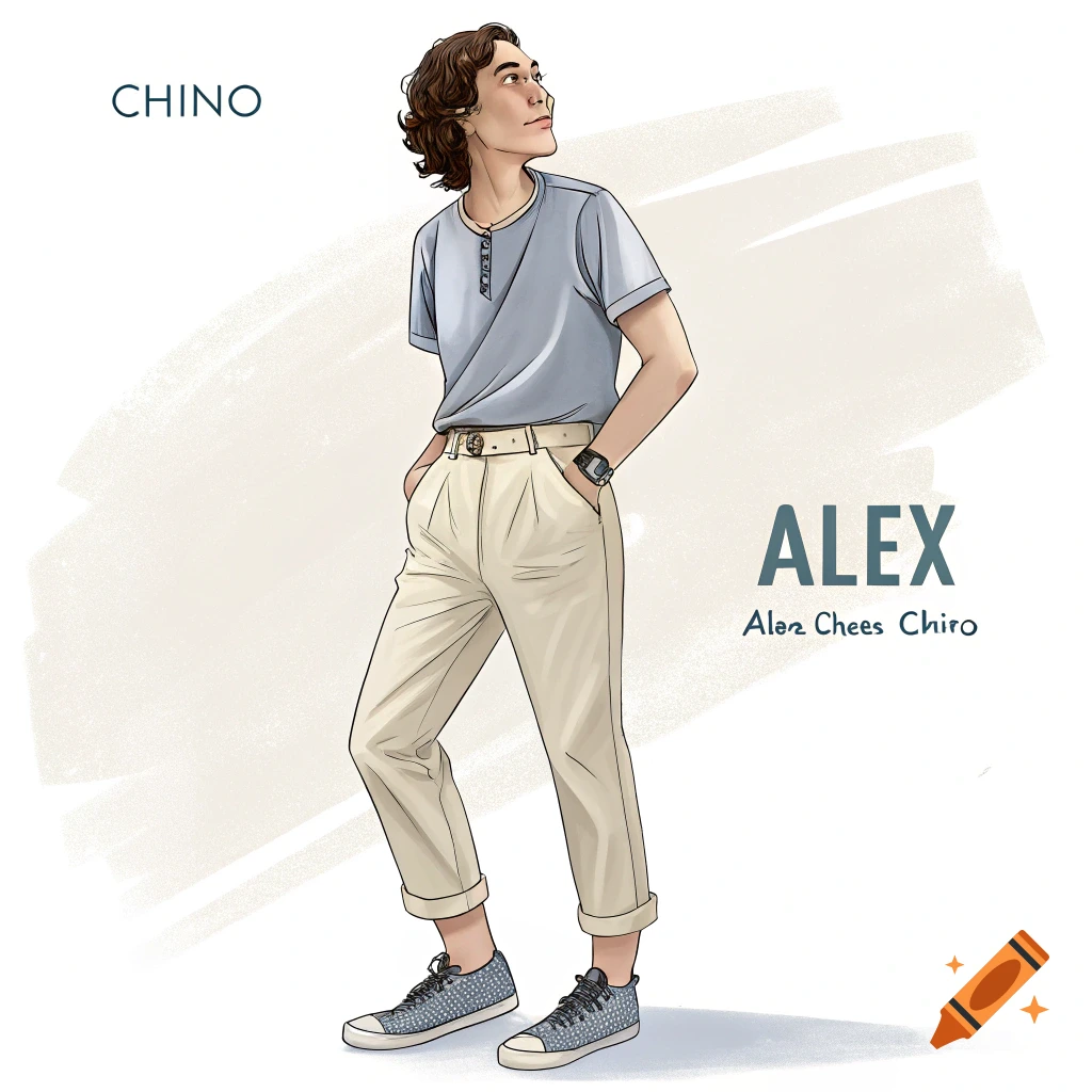 Stylized illustration of a person in casual clothes, hands in pockets, looking up. Text reads CHINO and ALEX.