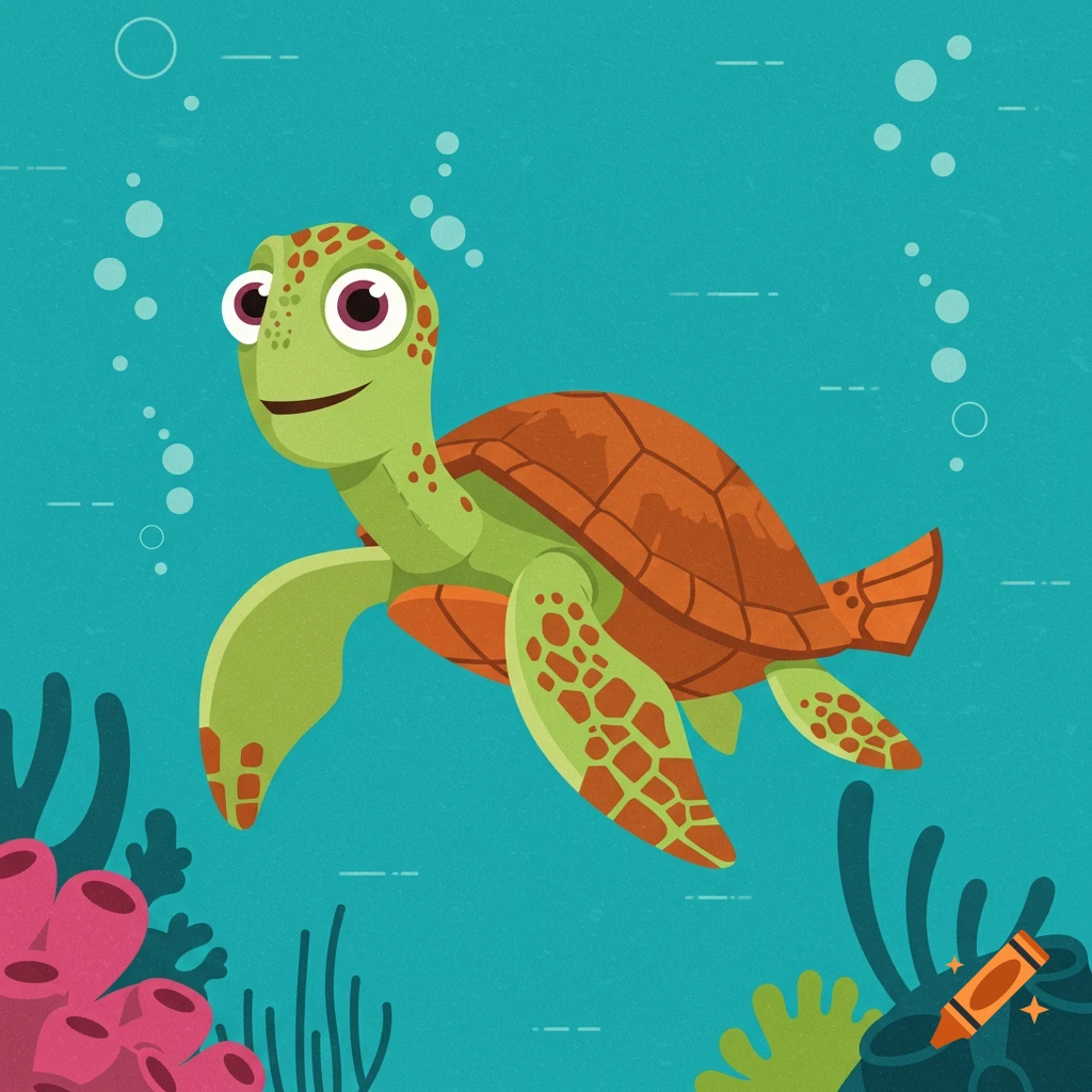A flat illustration of a green and orange cartoon sea turtle swimming underwater near pink and green coral.