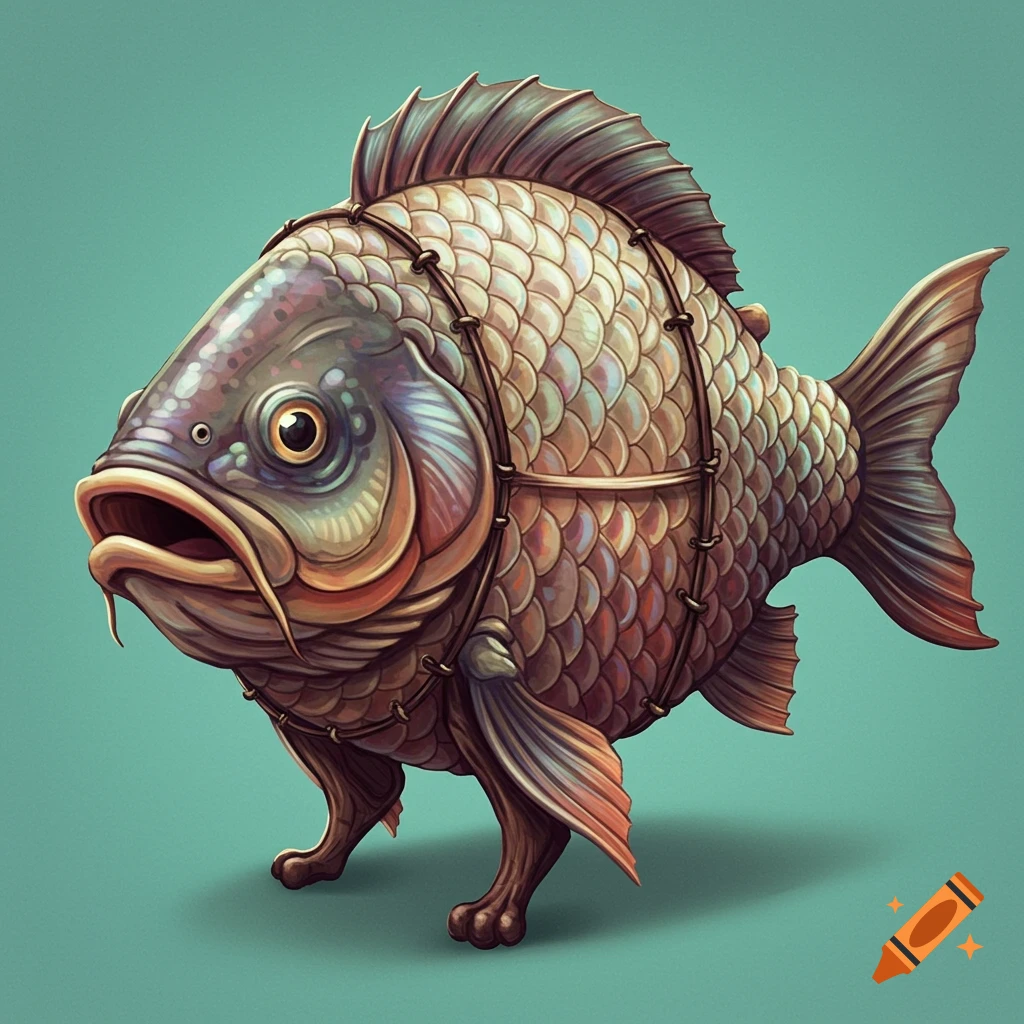 A stylized fish walking on four legs, held together with straps.