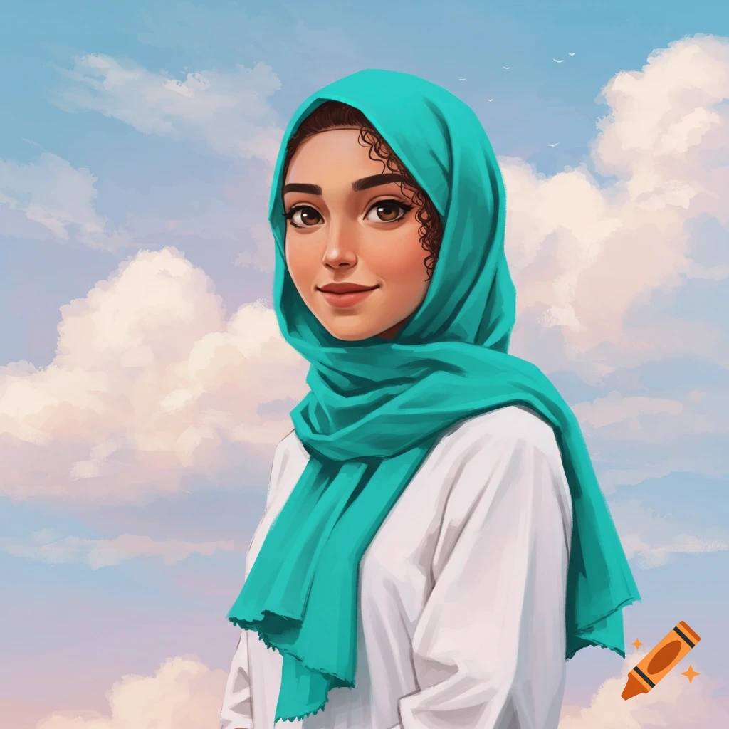 A young woman in a teal hijab smiles against a cloudy sky.