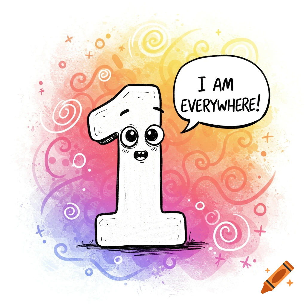 Cartoon number 1 character with a face in a speech bubble saying 'I AM EVERYWHERE!' on a colorful doodle background.
