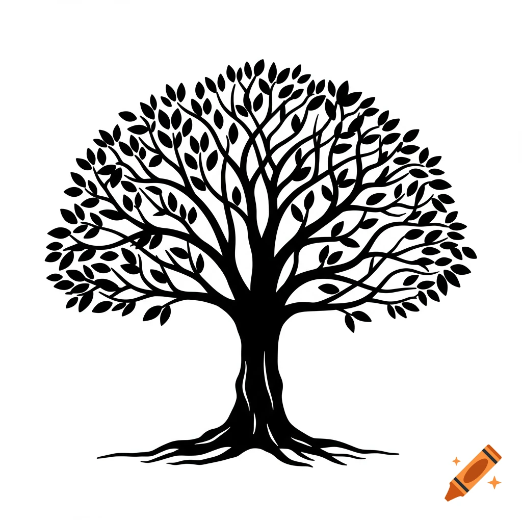 Black and white illustration of a tree with roots and detailed leaves.