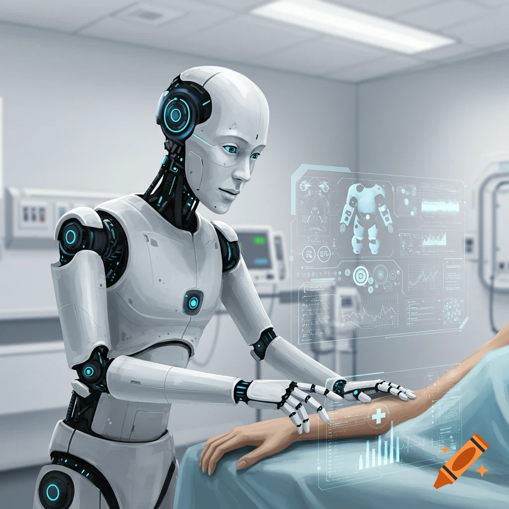 A robot examining a patient's arm with a holographic display in a medical setting.