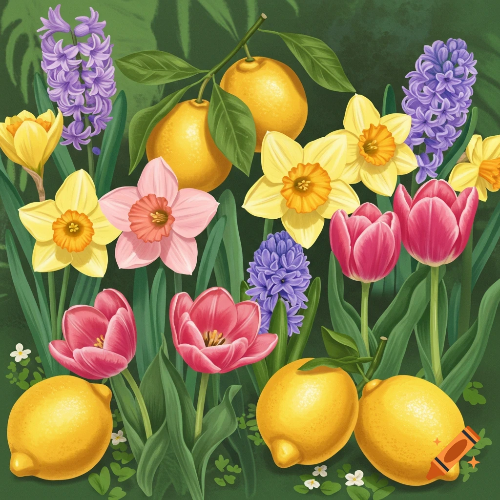 A vibrantly colored scene of spring flowers and lemons