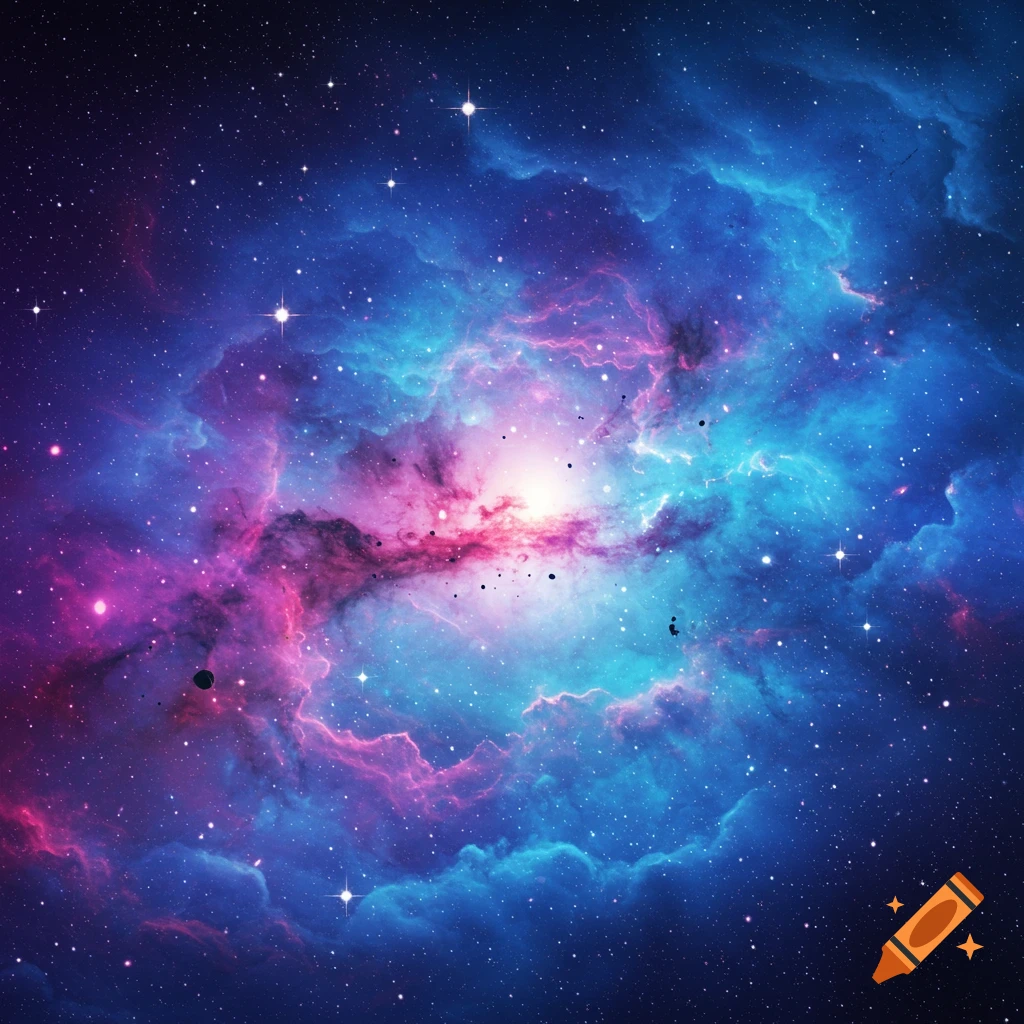 A vibrant image of a nebula in space with stars in blue, pink, and purple hues.