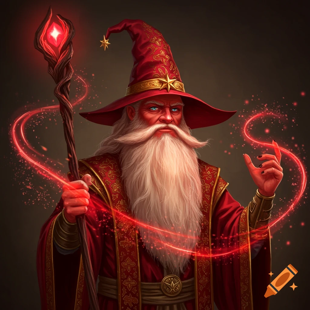 A red-robed wizard with a long white beard casts magic