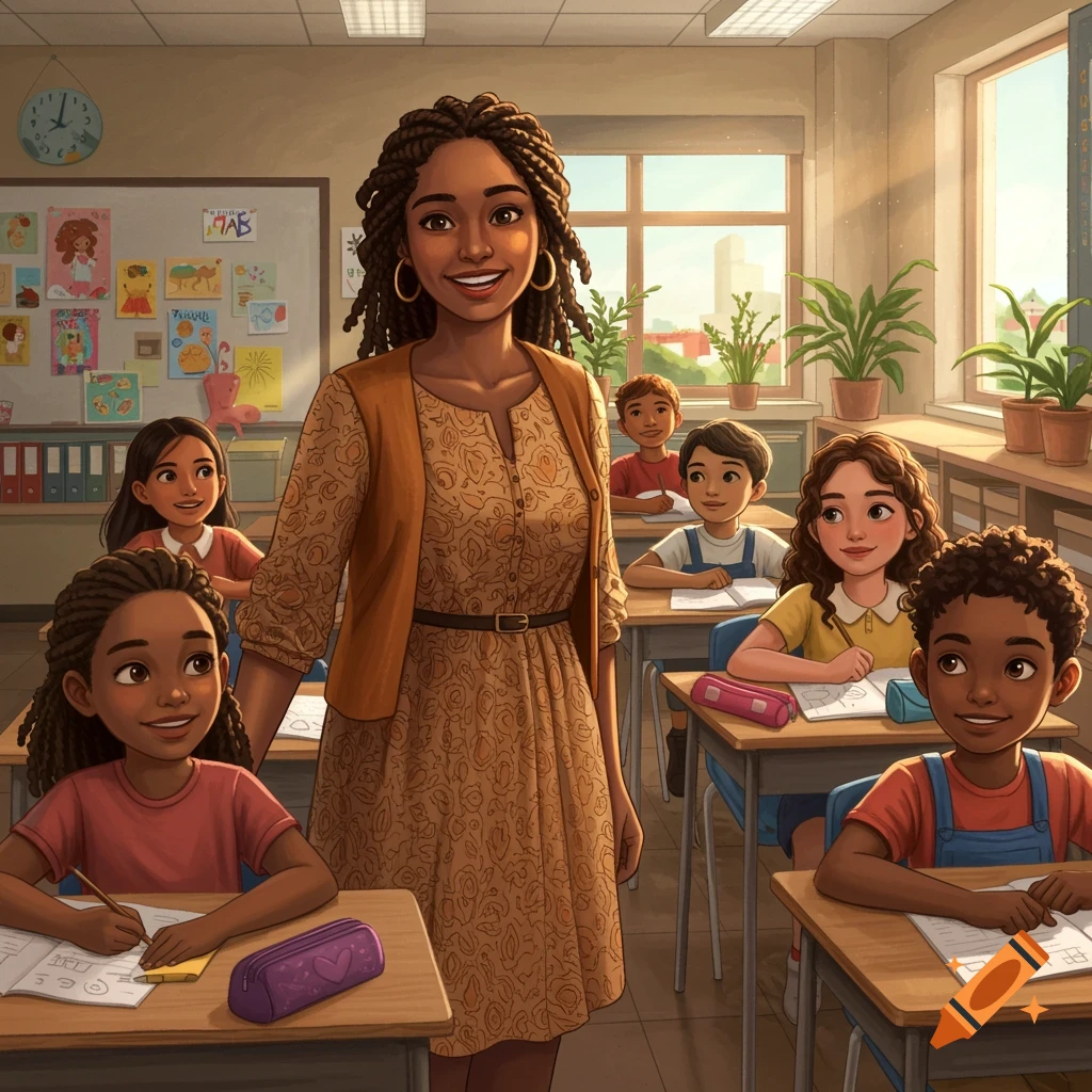 Illustrative image of an African American teacher and diverse students in a classroom.