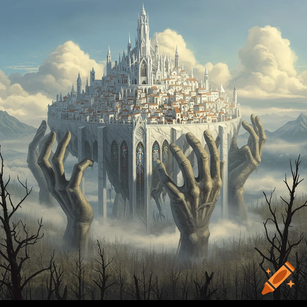 A fantasy city held up by large skeletal hands over a dead forest.