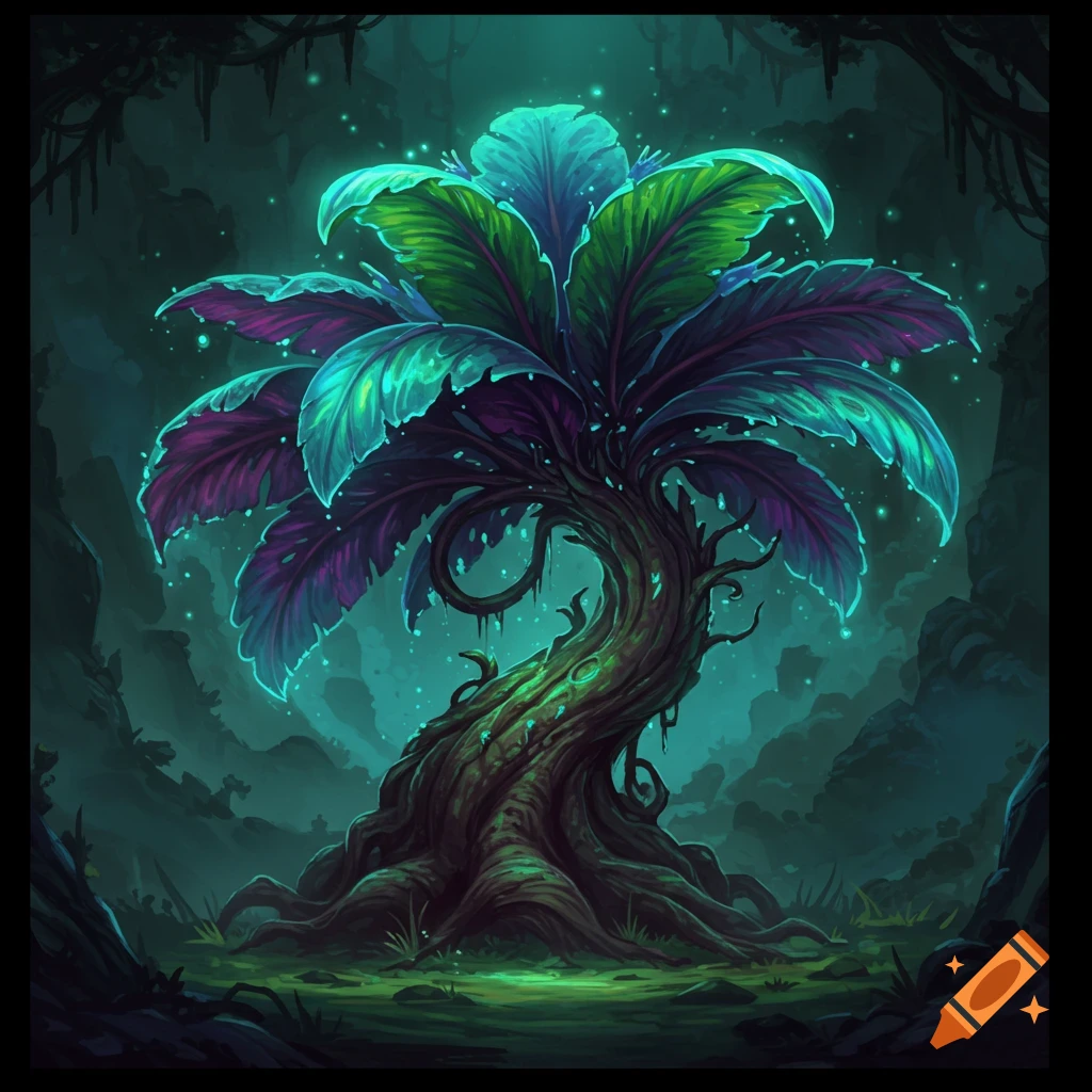 A glowing, large fantasy plant in a dark forest.