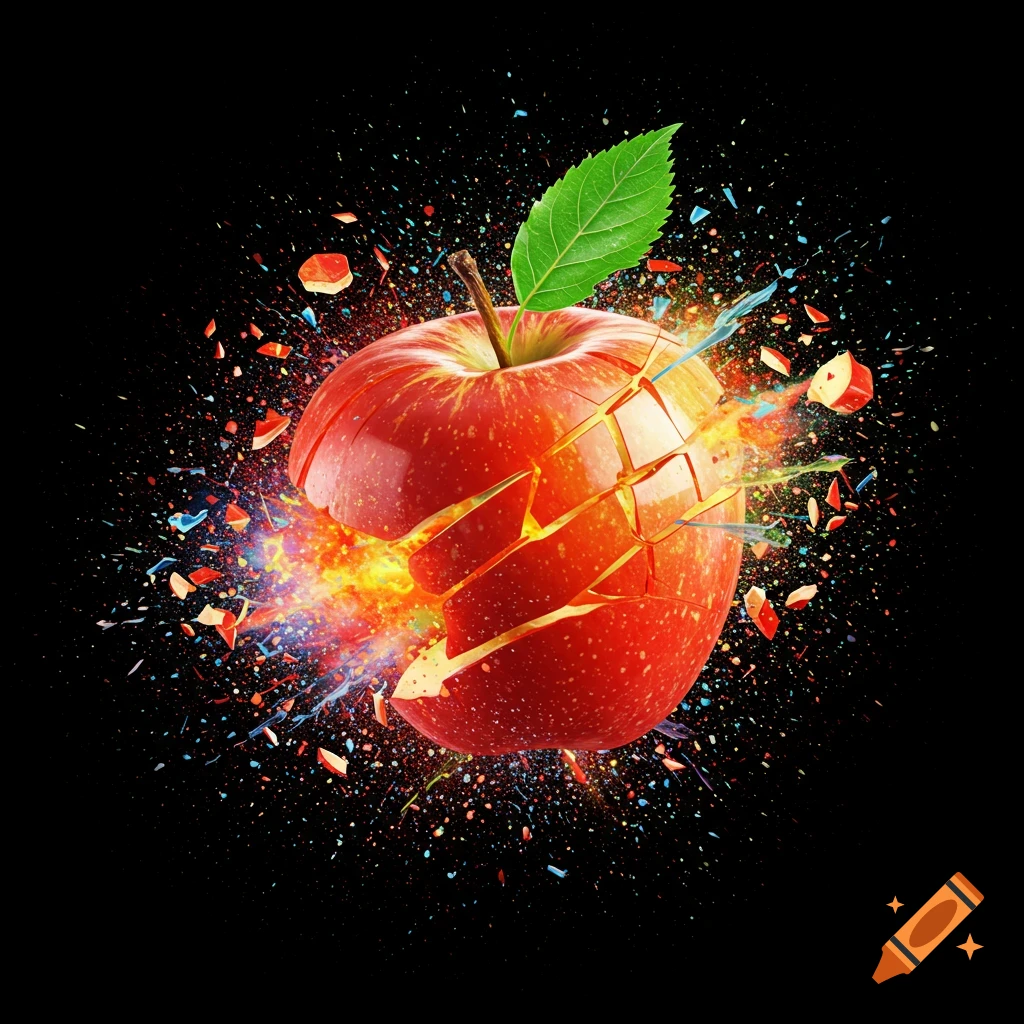 A red apple exploding into pieces with fire and colorful debris against a black background.