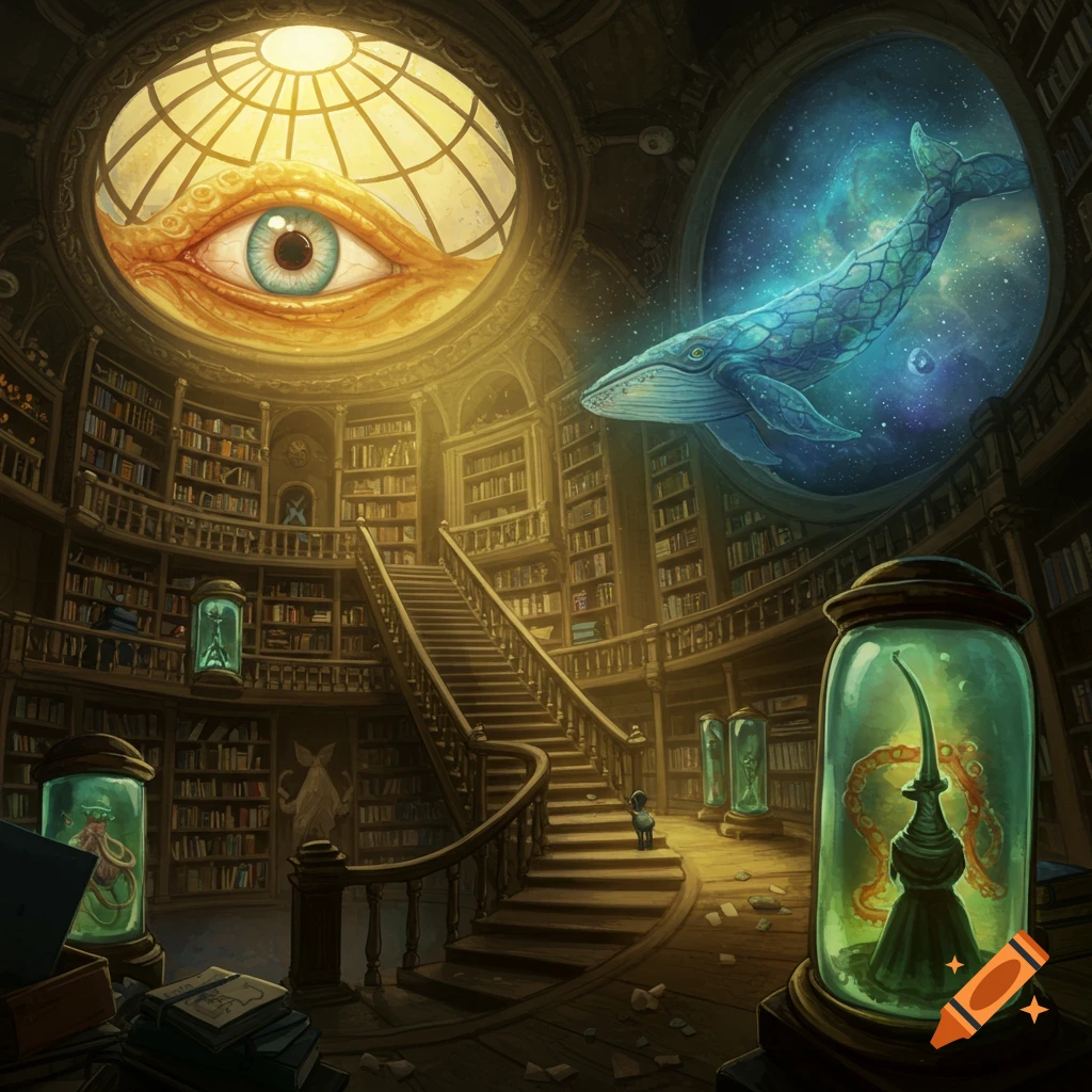 Surreal library with a giant eye in a dome, curved staircase, whale swimming in a space window, and specimens in jars.