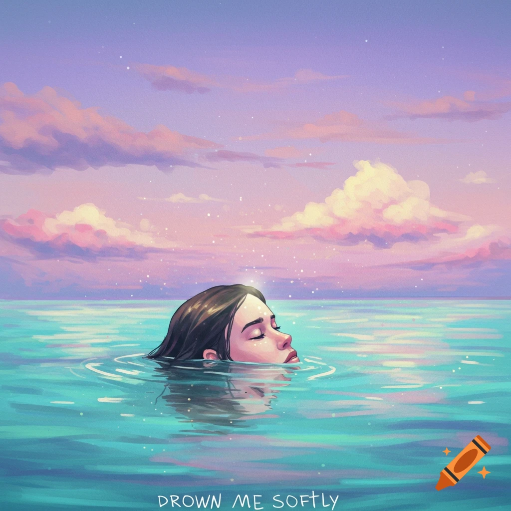A person's head is shown in calm water, eyes closed, under a vibrant sky with clouds and stars. Text 'DROWN ME SOFTLY' is at the bottom.