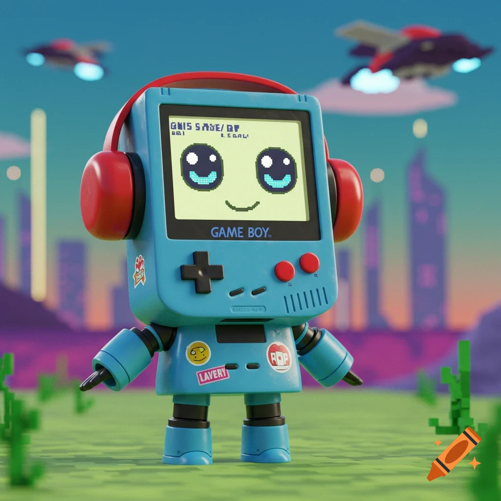 Cute Gameboy robot wearing headphones stands in a pixelated field with a distant city and flying objects.