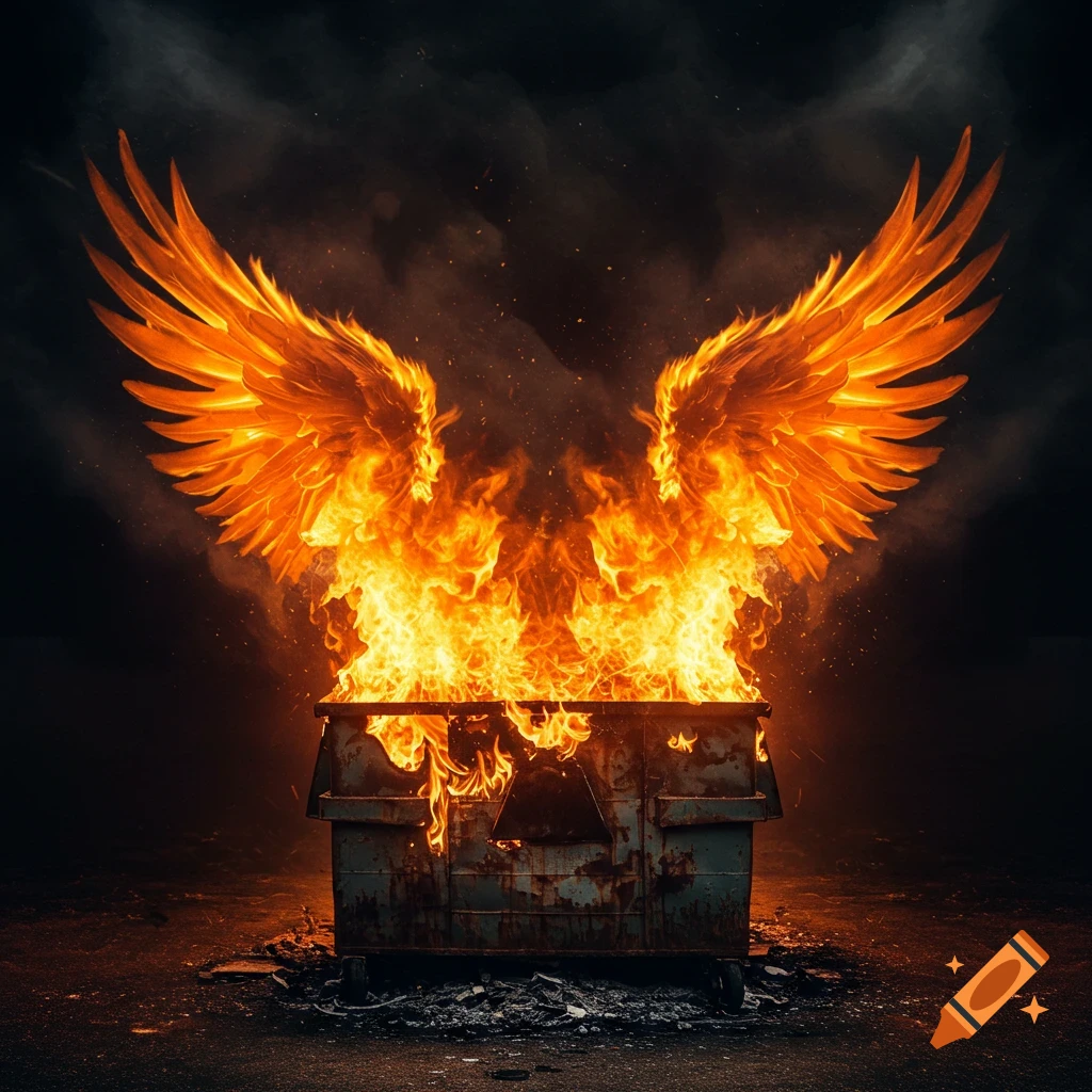 A dramatic image of a dumpster fire with bright orange flames forming large fiery wings soaring upwards.