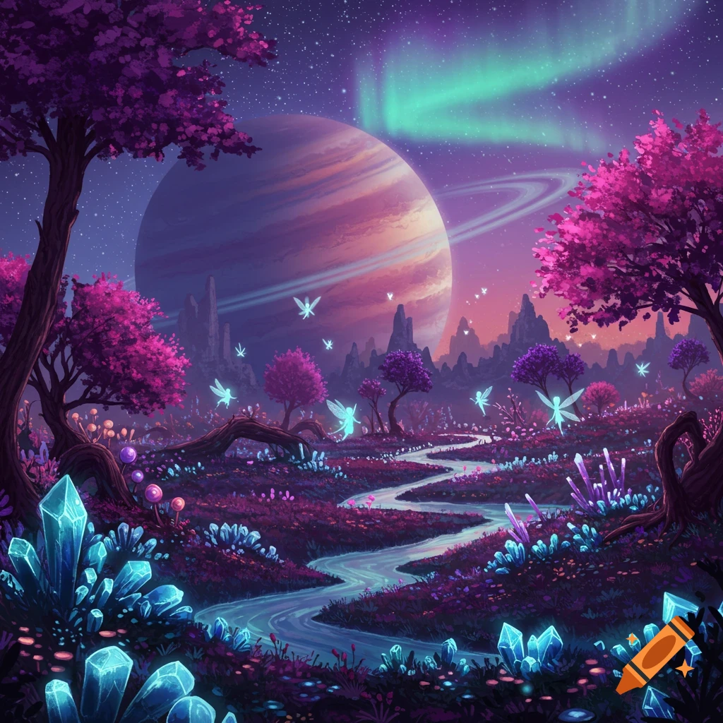 A vibrant alien planet with purple trees, glowing crystals, a river, fairies, and a large ringed planet in a colorful sky with aurora.