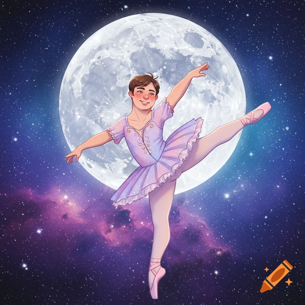 A person in a ballerina outfit dancing against a backdrop of a full moon and a galaxy.