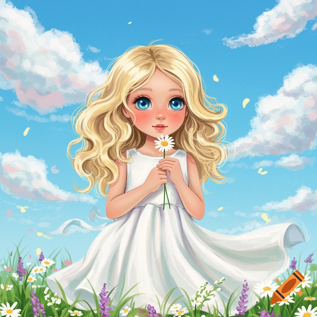 A blonde girl in a white dress holds a daisy in a field of flowers under a blue sky.