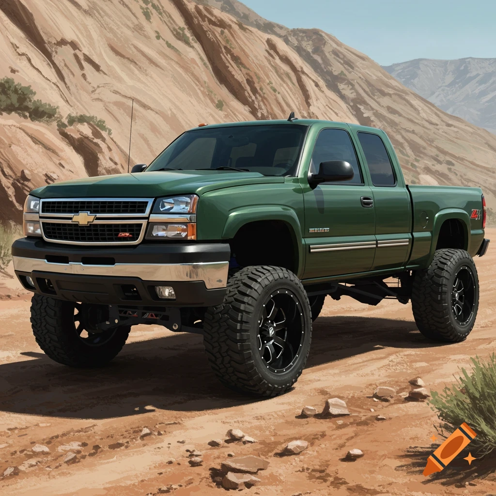 A lifted dark green pickup truck in a desert.