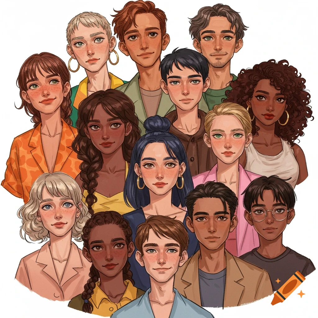 Digital illustration of a diverse group of young people