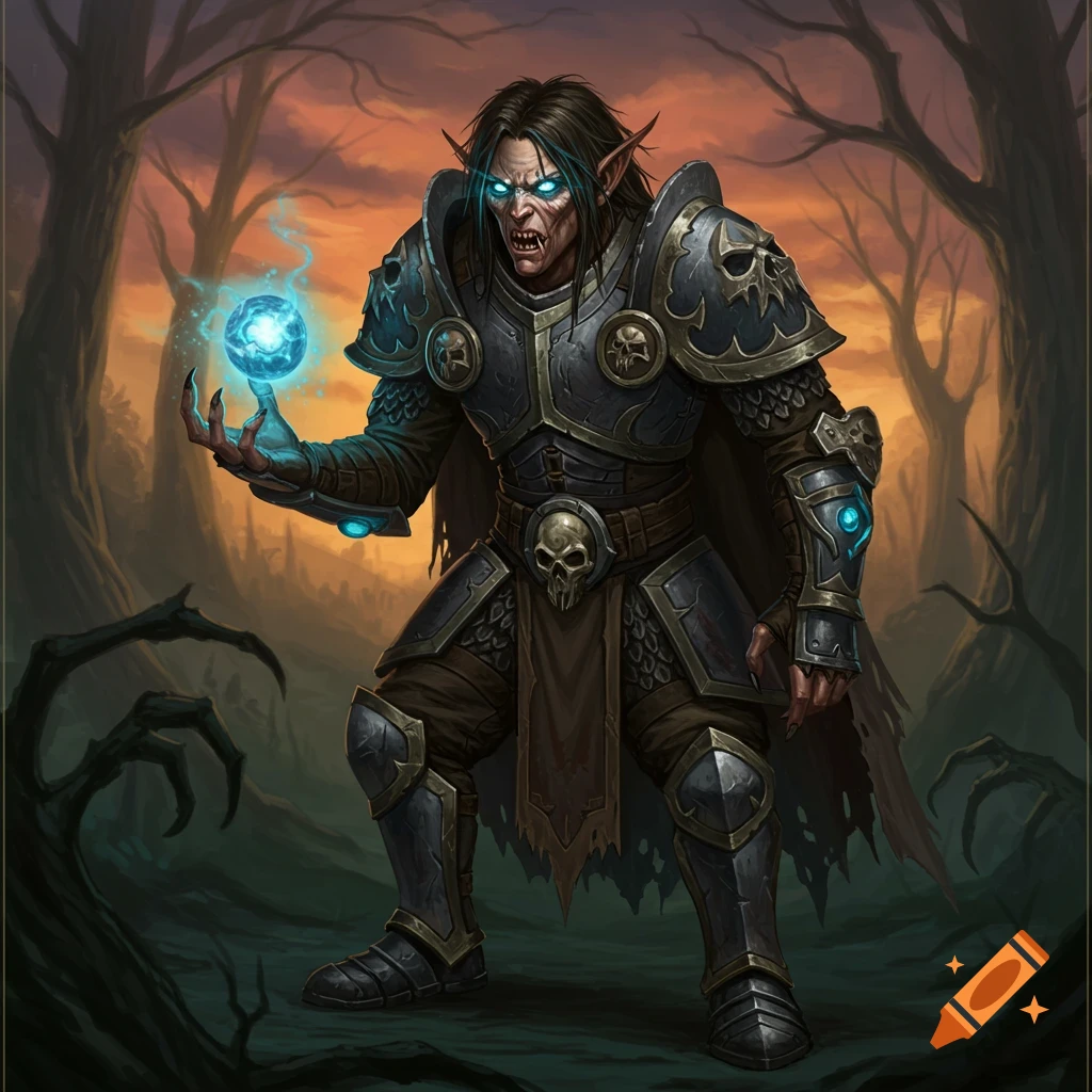 A fantasy character in dark armor holds a glowing blue orb in a forest.