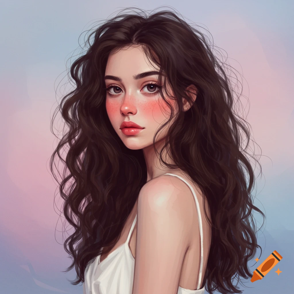 A portrait of a young woman with long dark curly hair, pink blush on her cheeks, wearing a white strap top.