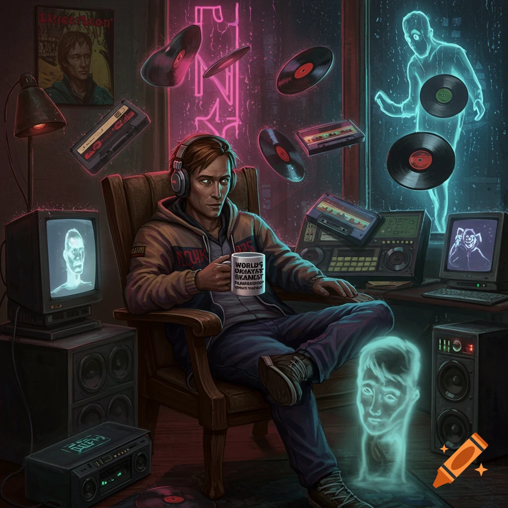 A man is in a room with retro tech, floating records, and ghostly figures.