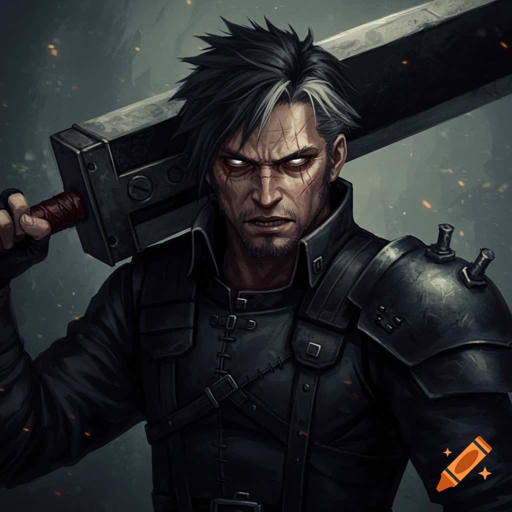 A rugged man with scars and glowing eyes is holding a heavy sword, in the style of Final Fantasy.