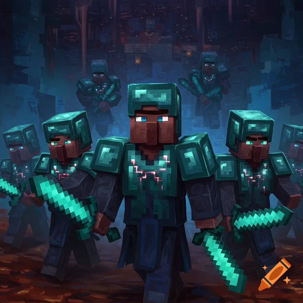 Armored Minecraft villagers with swords in a dark cave.
