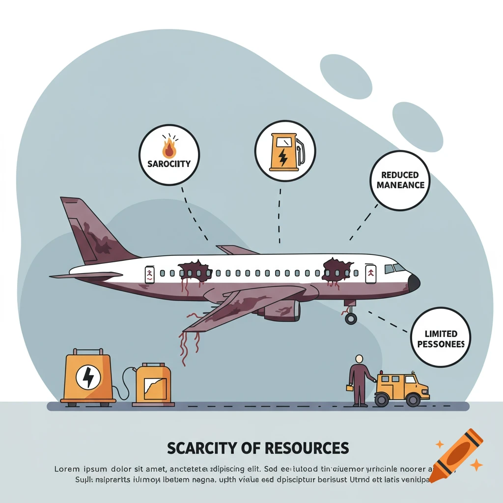 Vector diagram showing a damaged airplane with labels and icons representing scarcity of resources in the aviation industry.