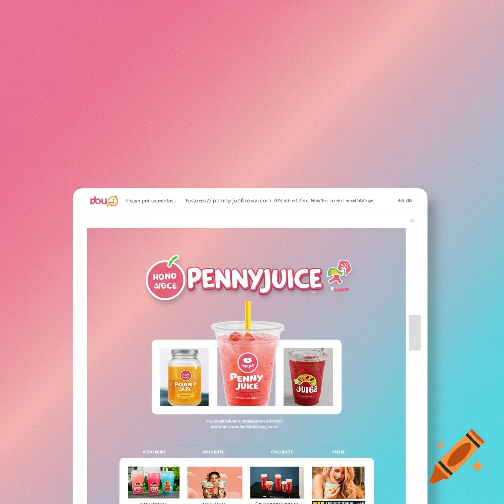 A website homepage for Pennyjuice, showing the logo and various juice products.