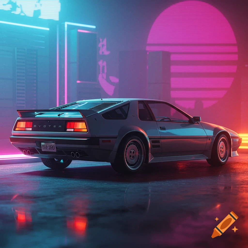 A silver retro sports car in a neon-lit city at night, digital art.