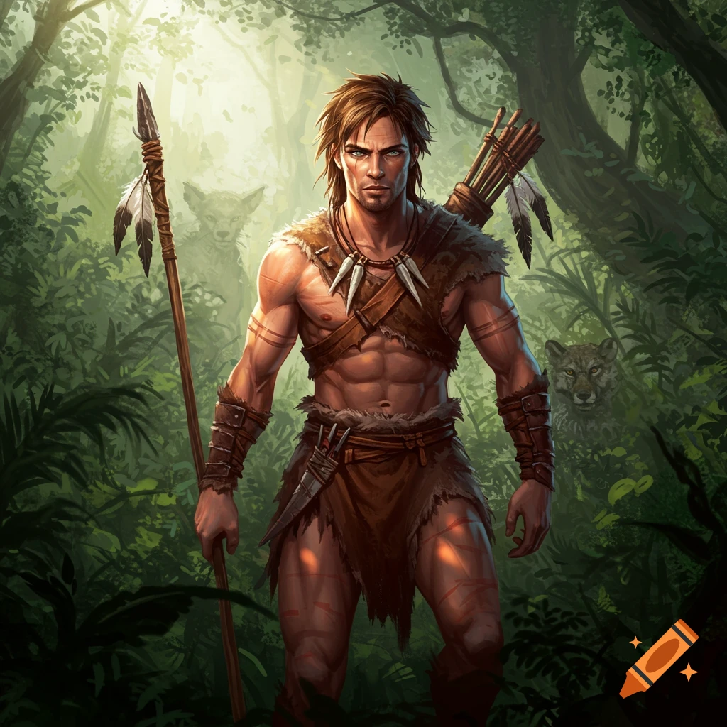 A hunter-gatherer man stands with a spear in a lush forest, with wolves visible in the background.