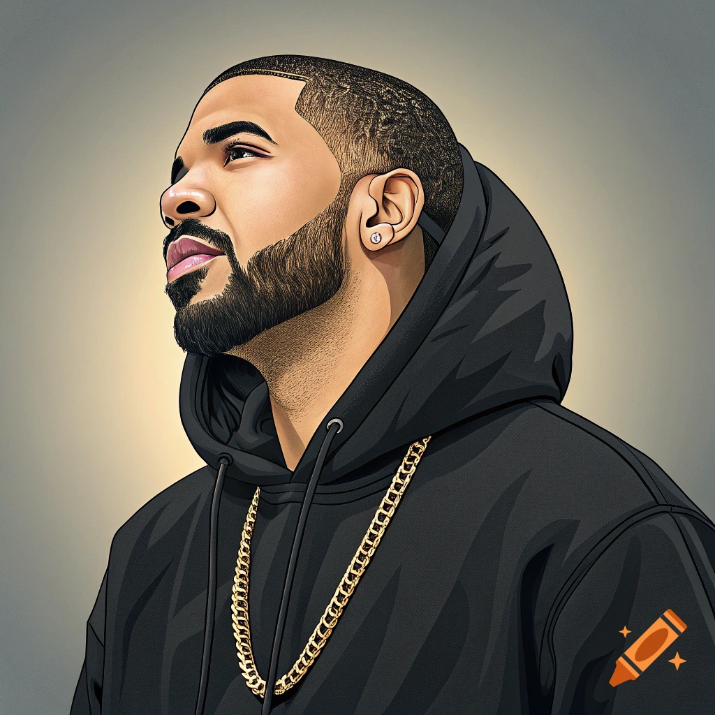 Stylized portrait of a man wearing a black hoodie and gold chain, looking up.