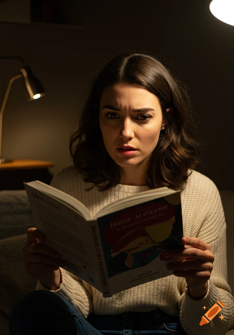 Woman with concerned expression reads a book by lamp light