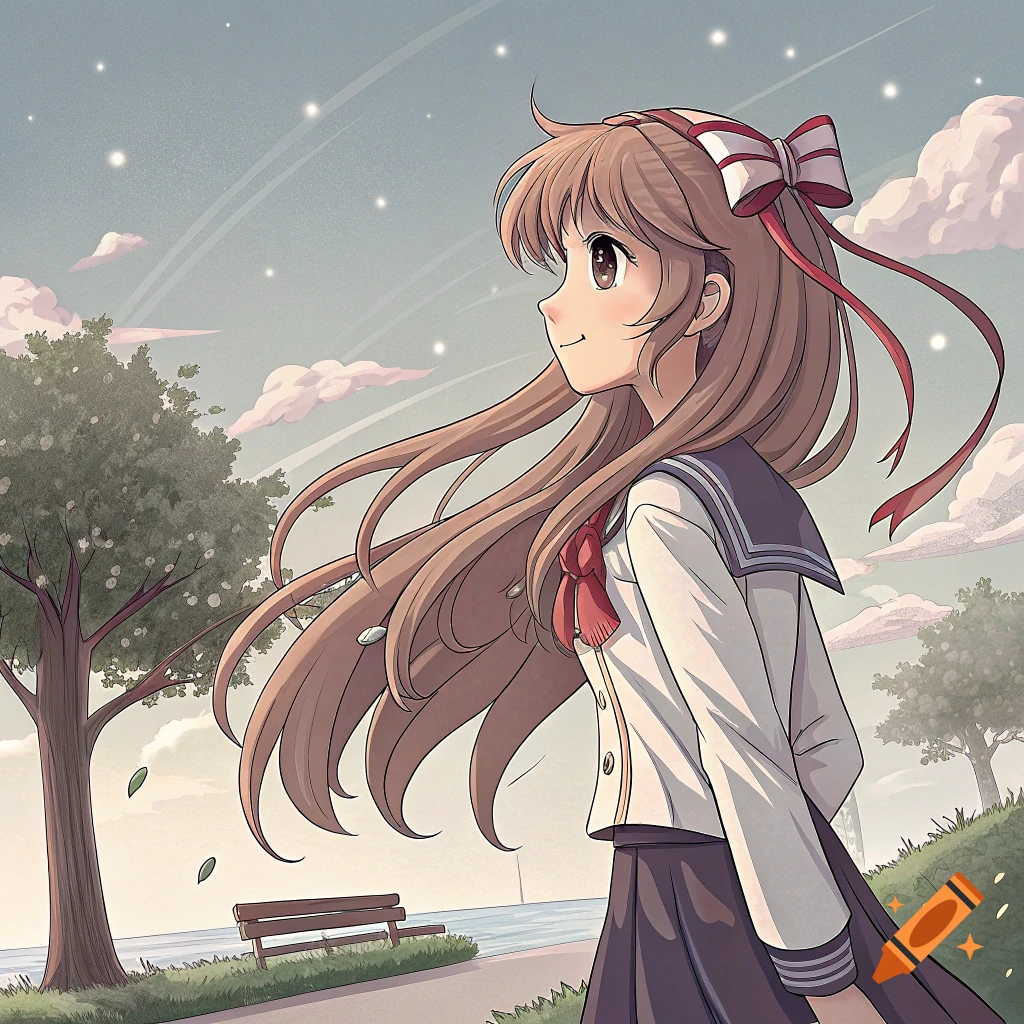 Anime girl in school uniform looking up in a park by the water at night.