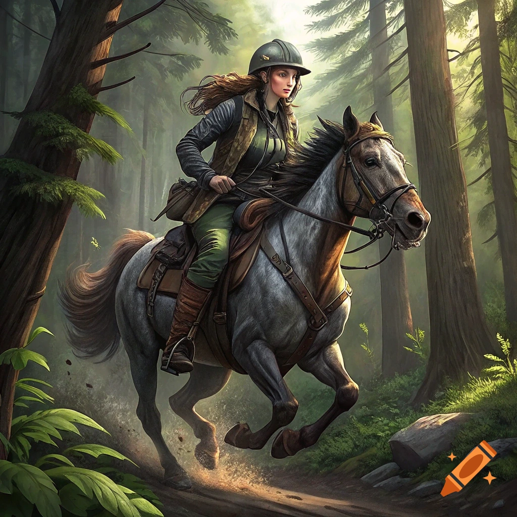 Woman in riding gear on horseback galloping through a forest path