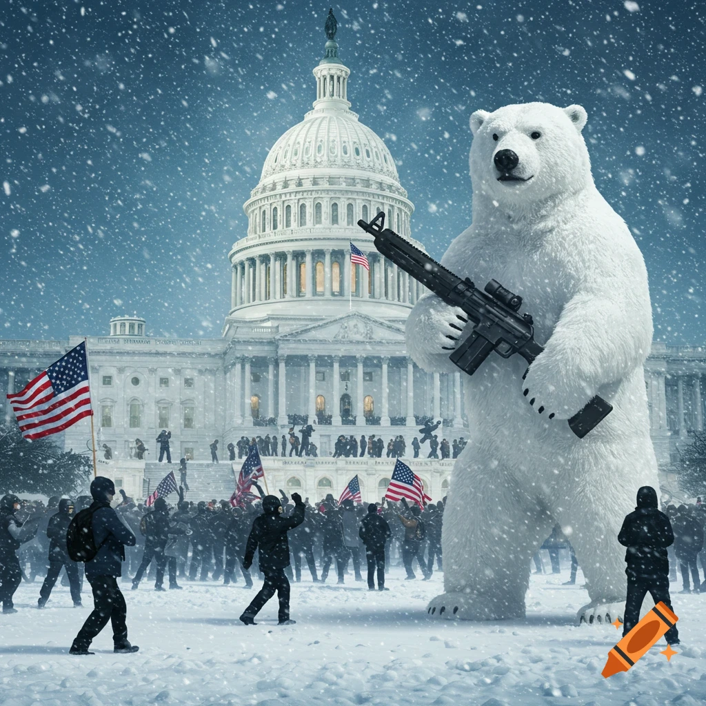 A giant polar bear holds a rifle in front of the US Capitol building during a snowy protest with a crowd.