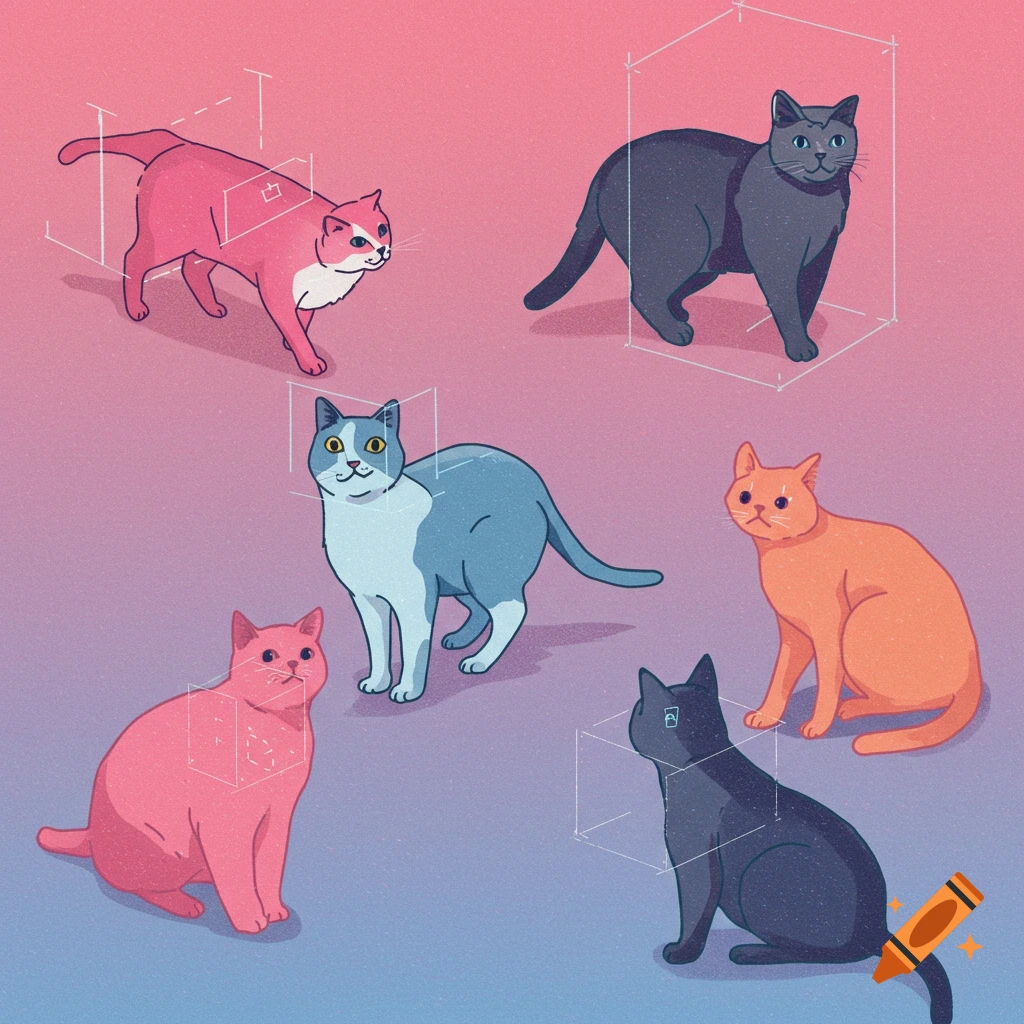 Five cartoon cats with computer vision tracking boxes