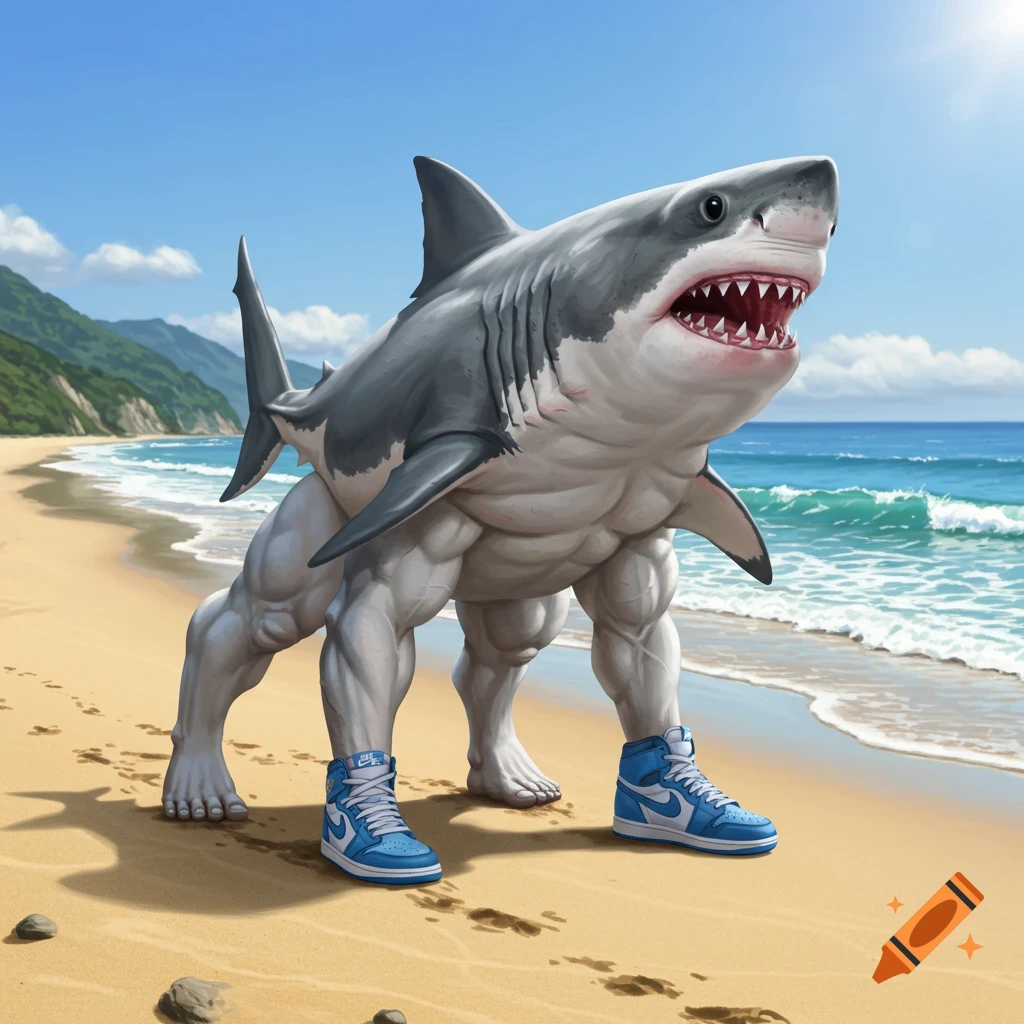 A shark with muscular legs walks on a beach, wearing blue sneakers.