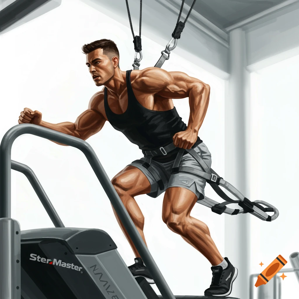 A muscular man is exercising on a stair machine with a harness.
