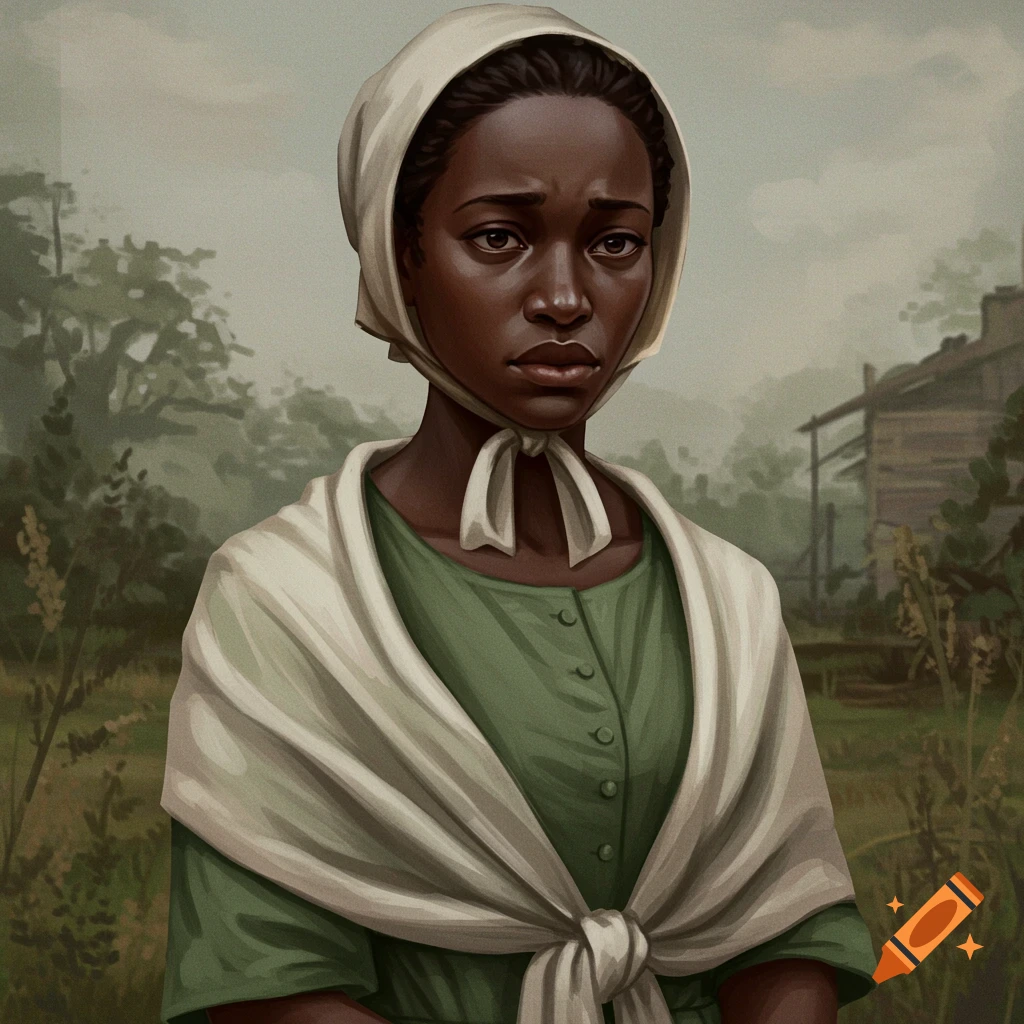 A young Black woman wearing a headscarf and shawl has a melancholy expression while standing in a field with a distant building.