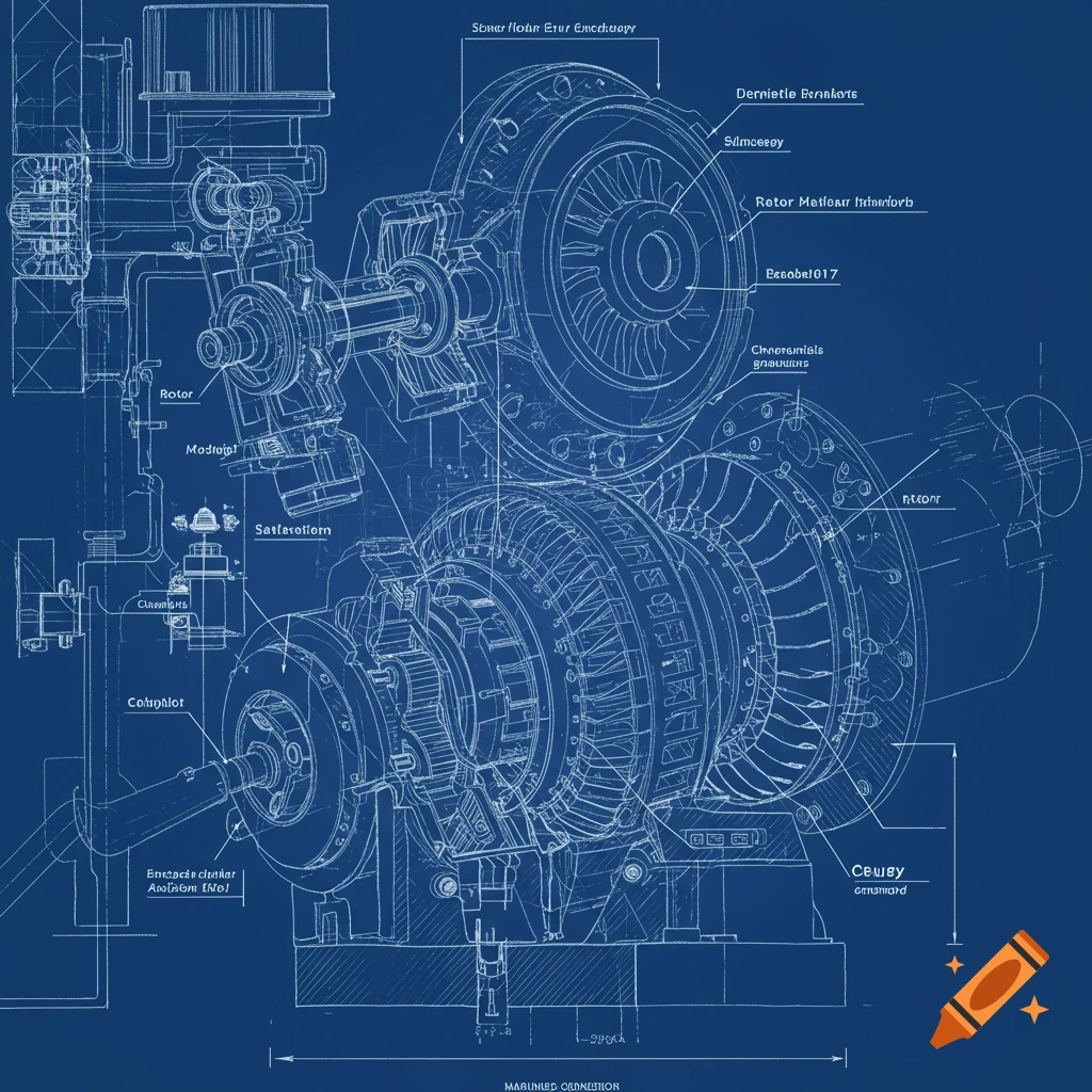A blueprint-style technical drawing of a complex turbine or generator.