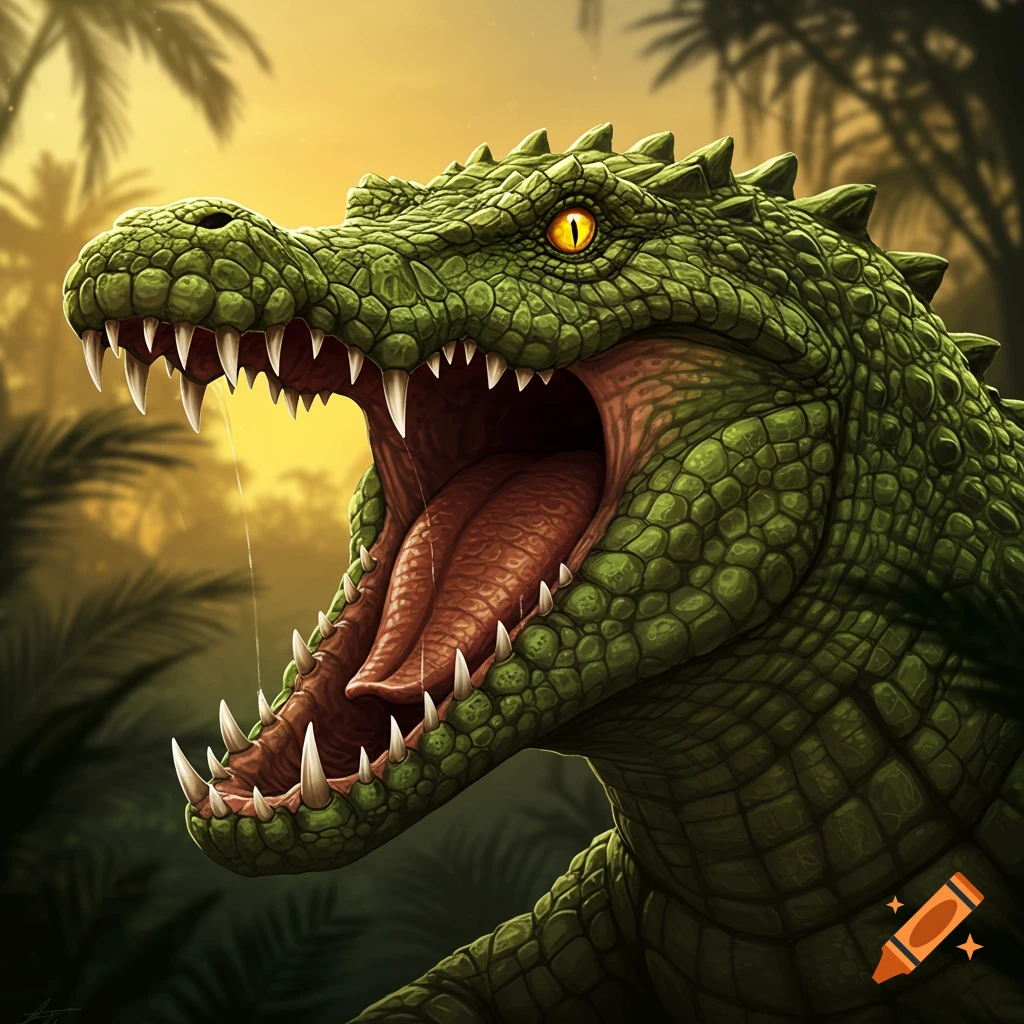 A green crocodile's head with its mouth wide open, sharp teeth visible, against a jungle background.