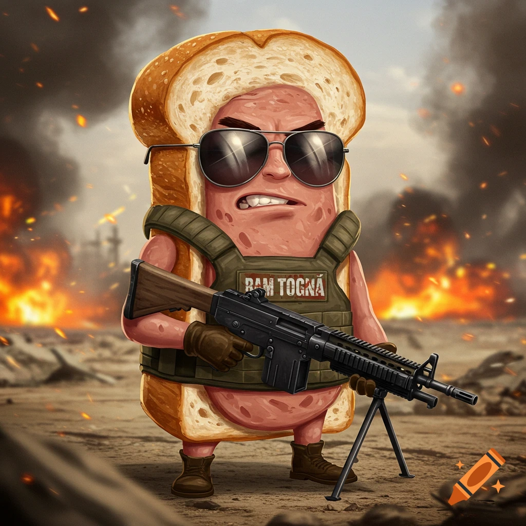 A stylized illustration of a bologna sandwich character wearing a tactical vest and sunglasses, holding a machine gun in a warzone.