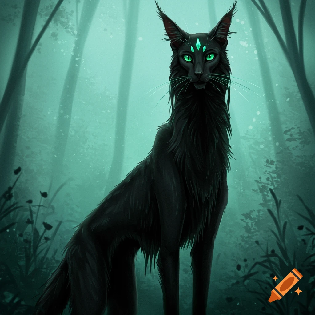 A black fantasy cat with glowing green eyes and gems stands in a misty forest.
