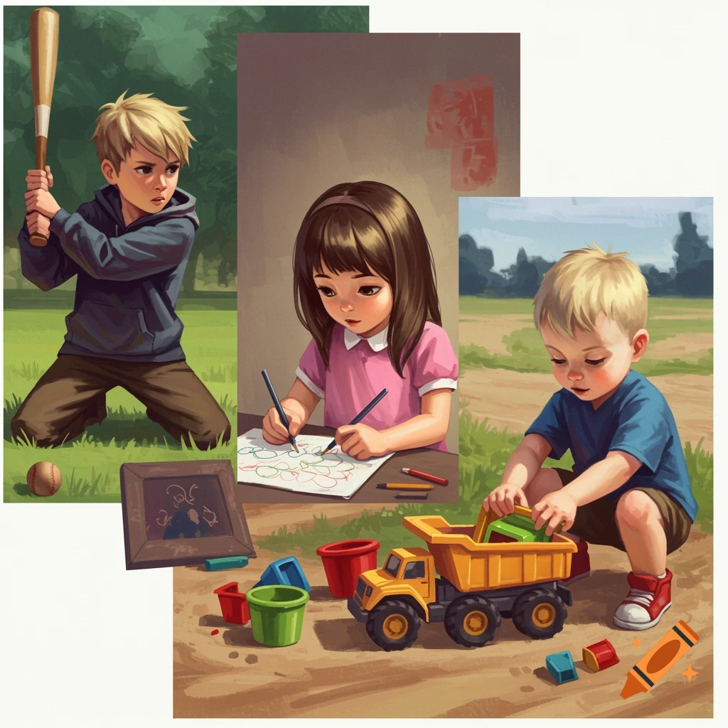 A montage showing three children playing: a boy with a baseball bat, a girl drawing, and a boy playing with a toy truck.