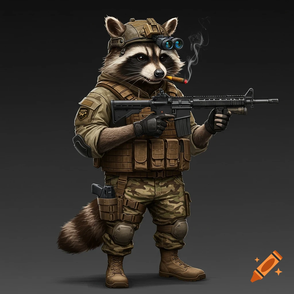A realistic cartoon-style raccoon in tactical military gear, holding a rifle and smoking a cigar.