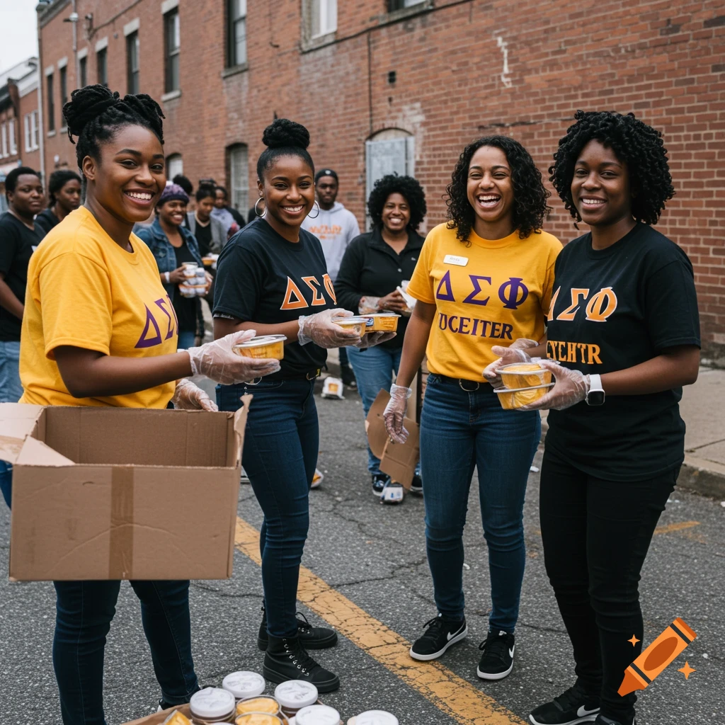 Group of women wearing organization shirts and gloves while handing out food on a street